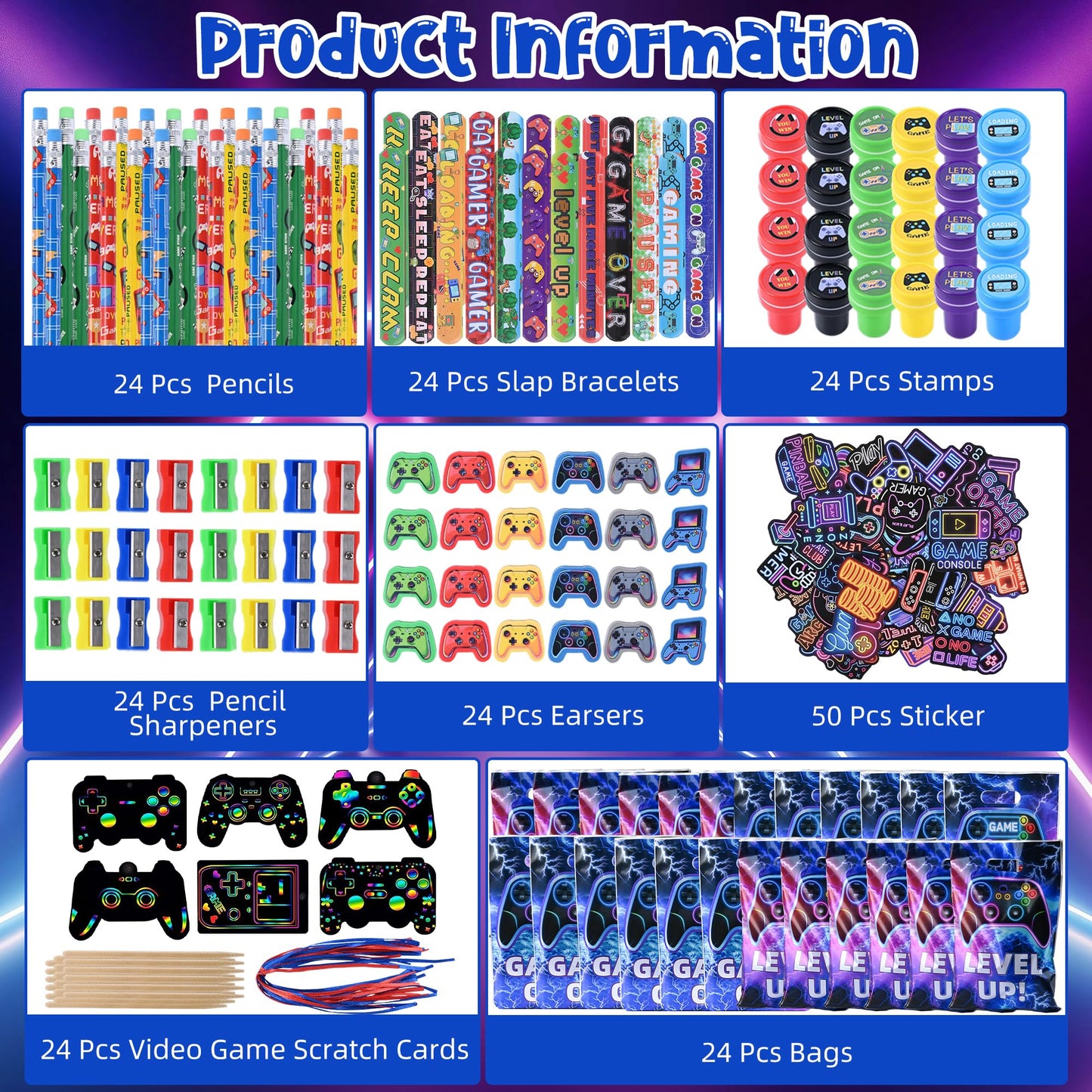 Ulema 218 Pcs Video Game Party Favors With Video Game Pencils Pencil Sharpener Slap Bracelets Stickers and Erasers for Video Game Gamer Birthday Party Supplies