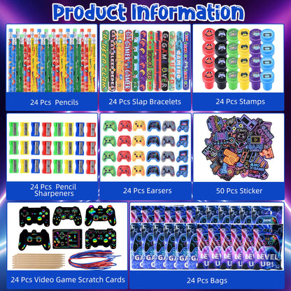 Ulema 218 Pcs Video Game Party Favors With Video Game Pencils Pencil Sharpener Slap Bracelets Stickers and Erasers for Video Game Gamer Birthday Party Supplies