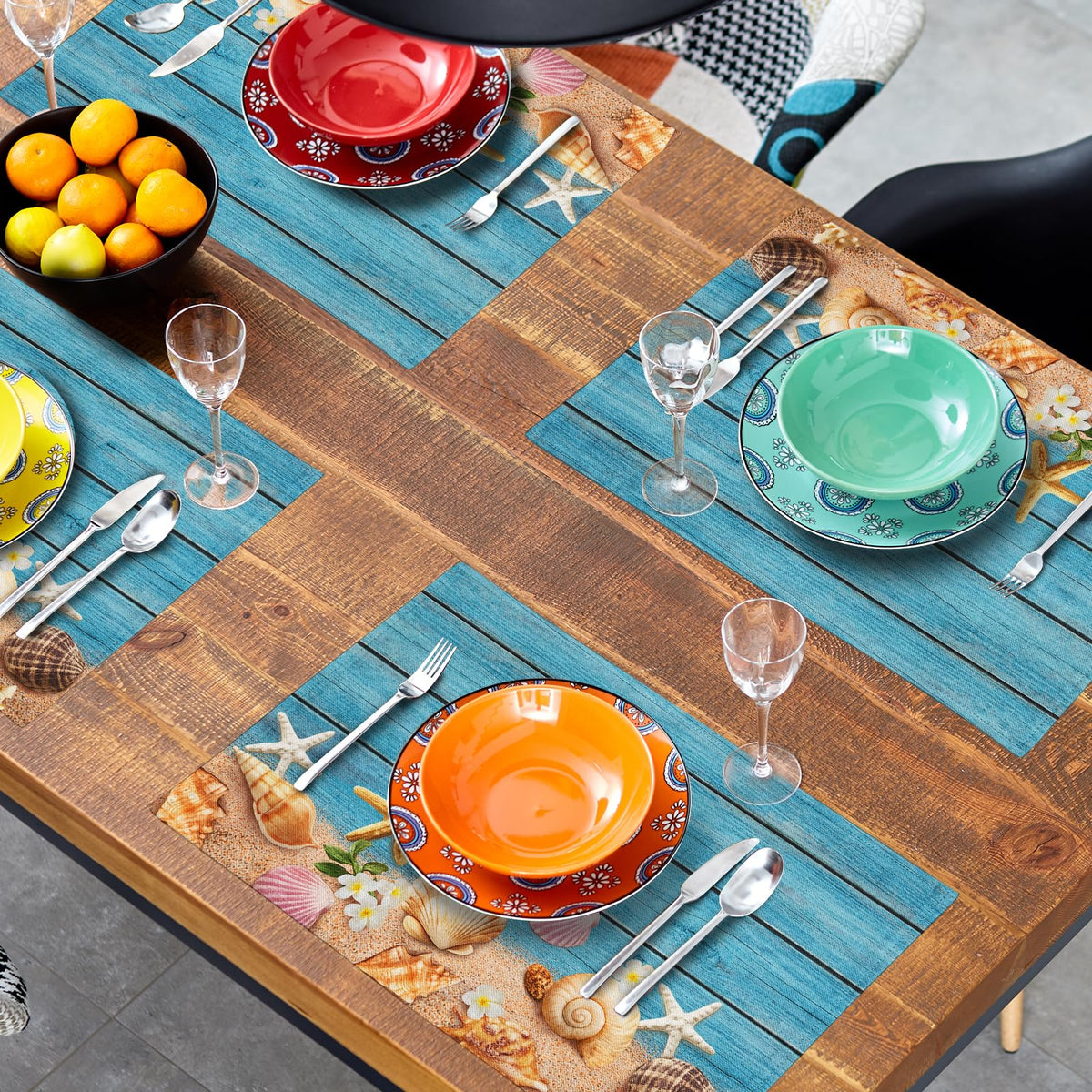 Granbey Nautical Placemats - Coastal Beach Place Mats Set of 4 Navy Blue Summer Wooden Seashell Beachy Cloth Table Mats for Kitchen Home Decor Dining Table