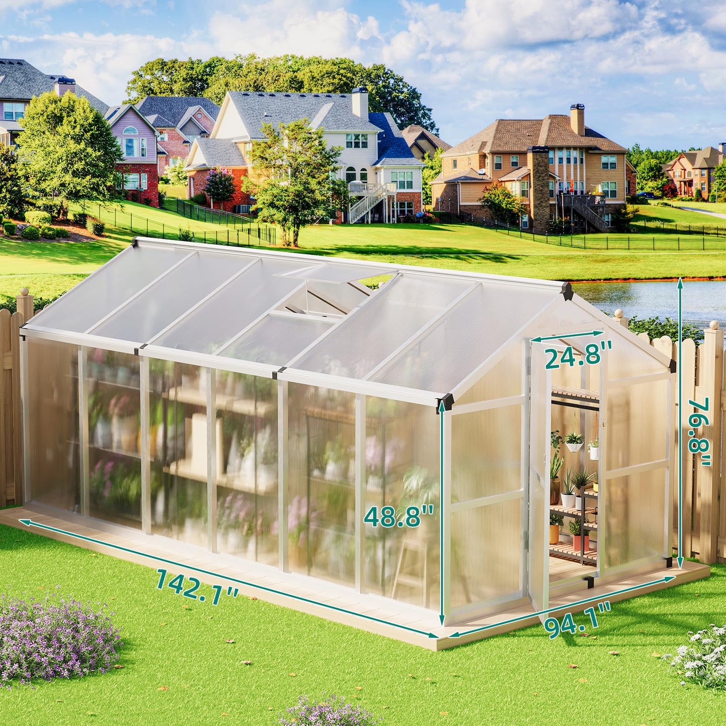 Garvee 8x12 ft Greenhouse - Aluminum Greenhouses for Outdoors, Large Polycarbonate Greenhouse with Roof Vent, Heavy Duty Walk-in Green Houses for Outside Garden, Backyard, Patio, Lawn, Easy Assembly