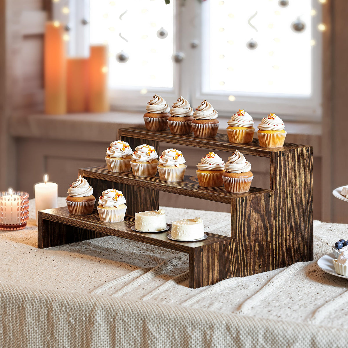 Evermagin 2PCS Wooden Display Risers Set for Birthday Parties, 3 Tier Cupcake Stands for Dessert Table, Rustic Dessert Table Display, Buffet Risers Display Stands for Vendor Events