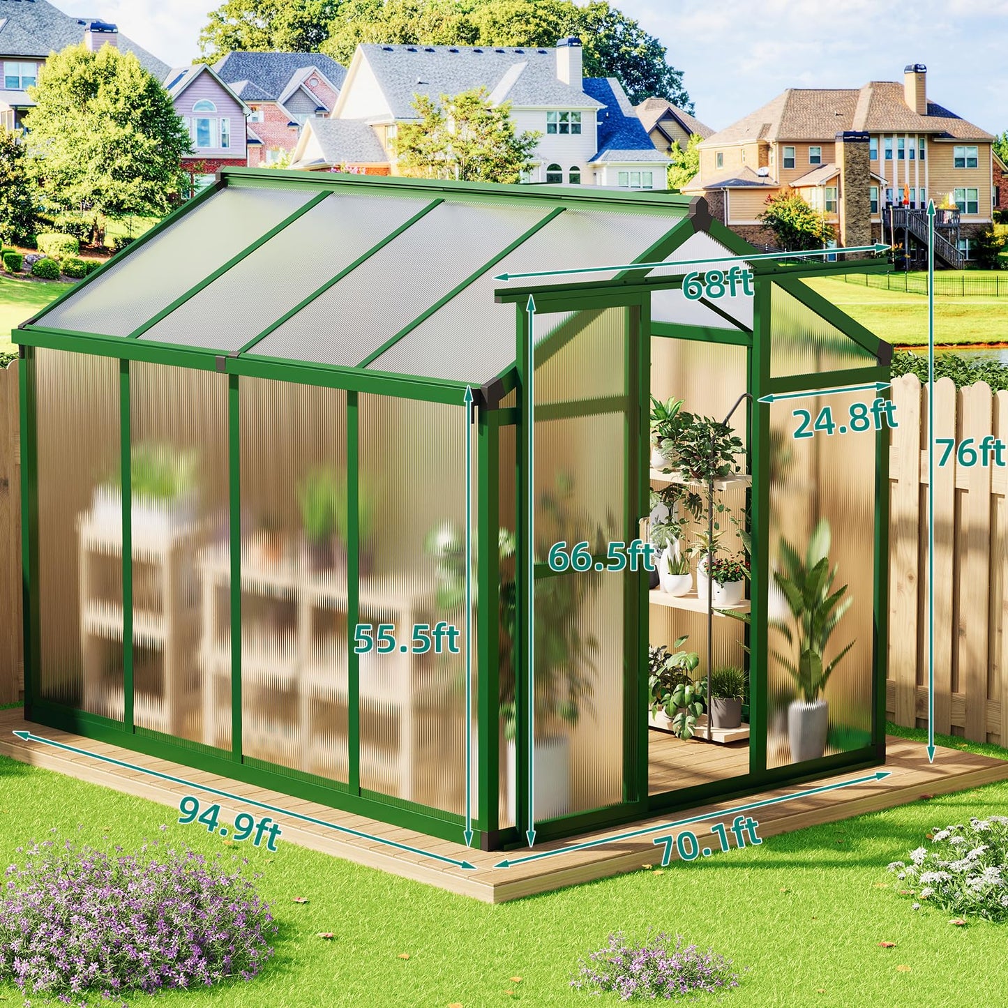 6x8 FT Greenhouse, Polycarbonate Walk-in Greenhouse for Outdoors with Roof Vent & Lockable Smooth-Gliding Sliding Door, Heavy-Duty Aluminum Green House for Garden, Backyard, Patio, Lawn, Deep Green