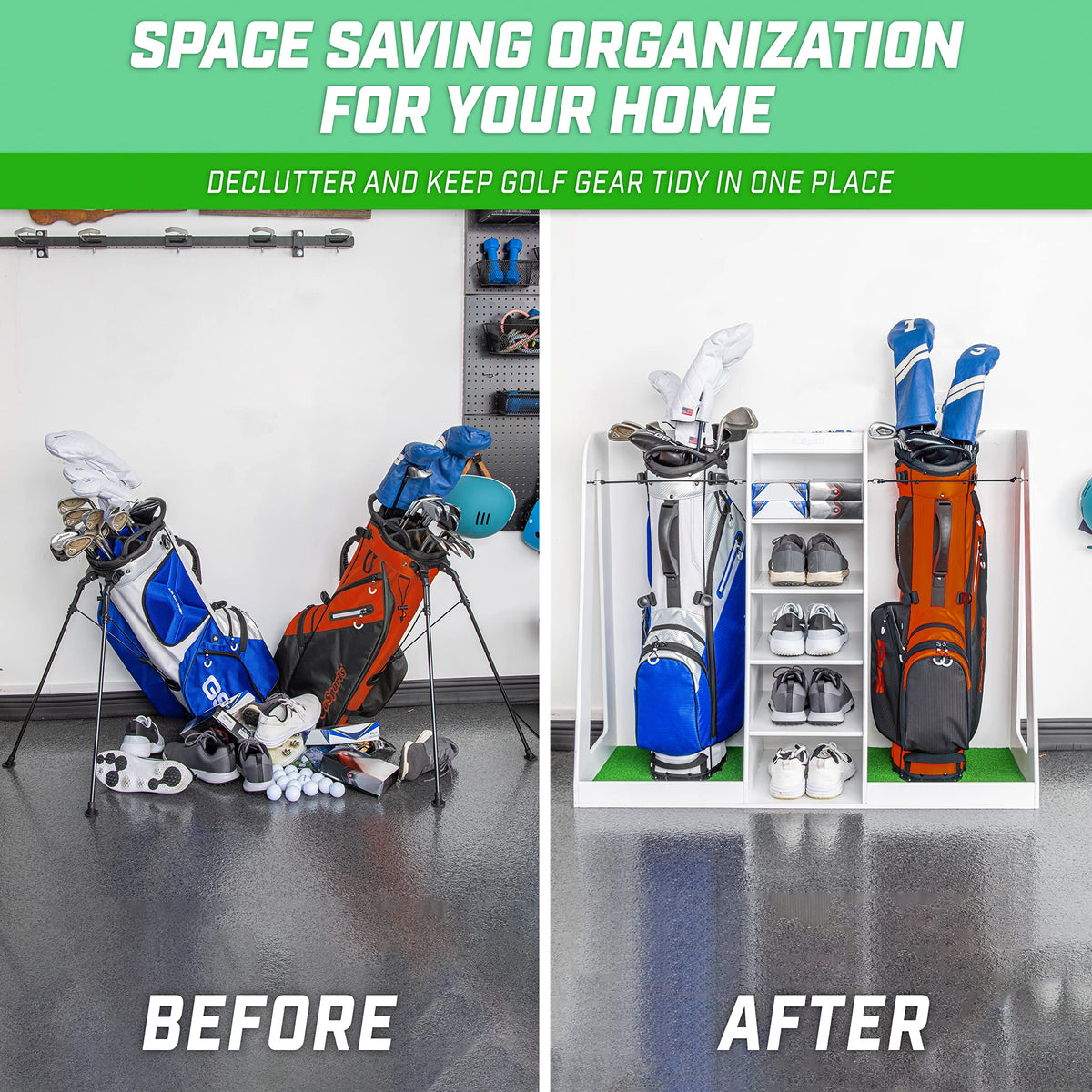 GoSports Premium Wooden Golf Bag Organizer and Storage Rack - Choose Your Style