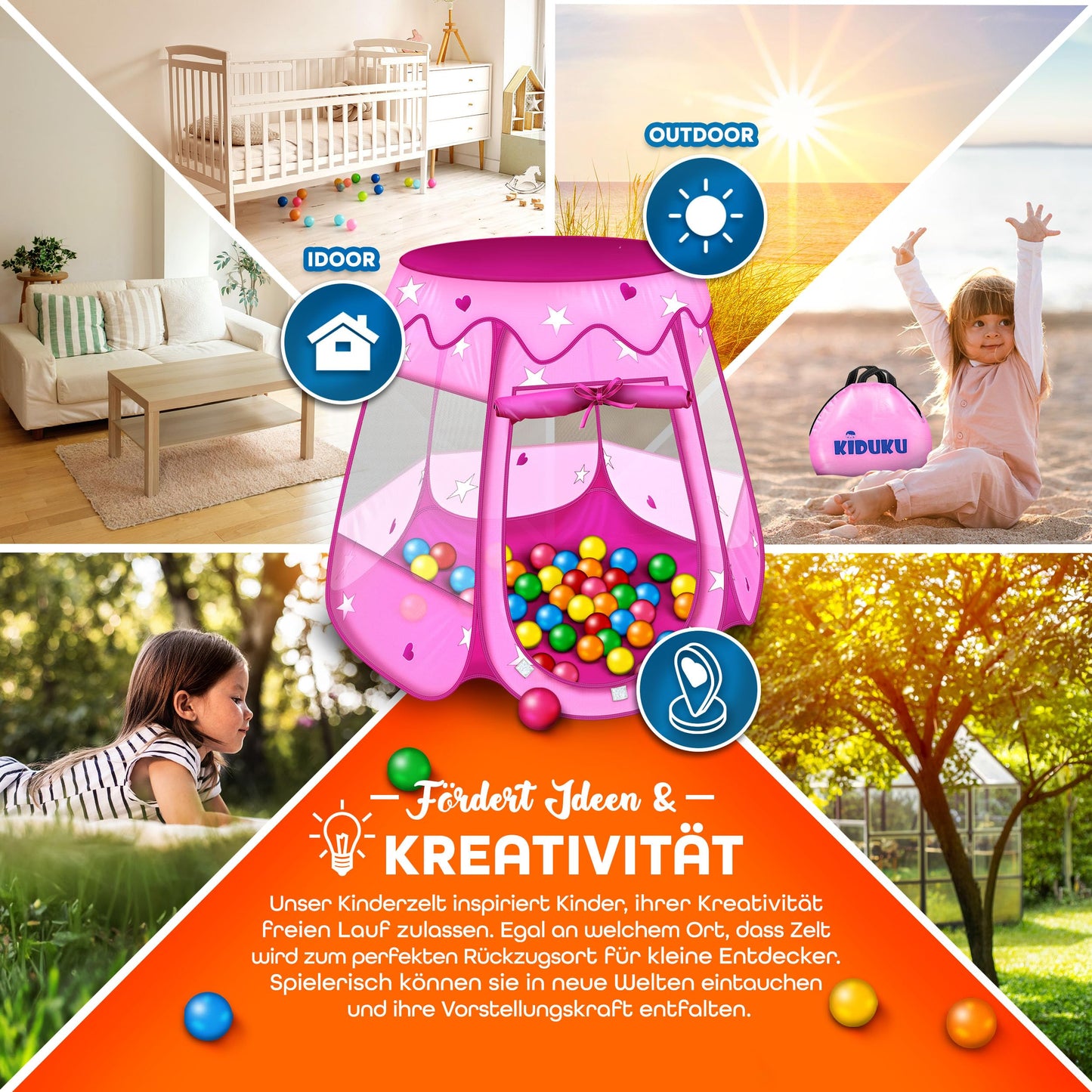 KIDUKU® Childs Play Tent Pop-Up + 100 Balls + Carrying bag Play house Ball pool Castle for Indoor and Outdoor use 3 In 1 Playground for Children Baby Kids (Pink)