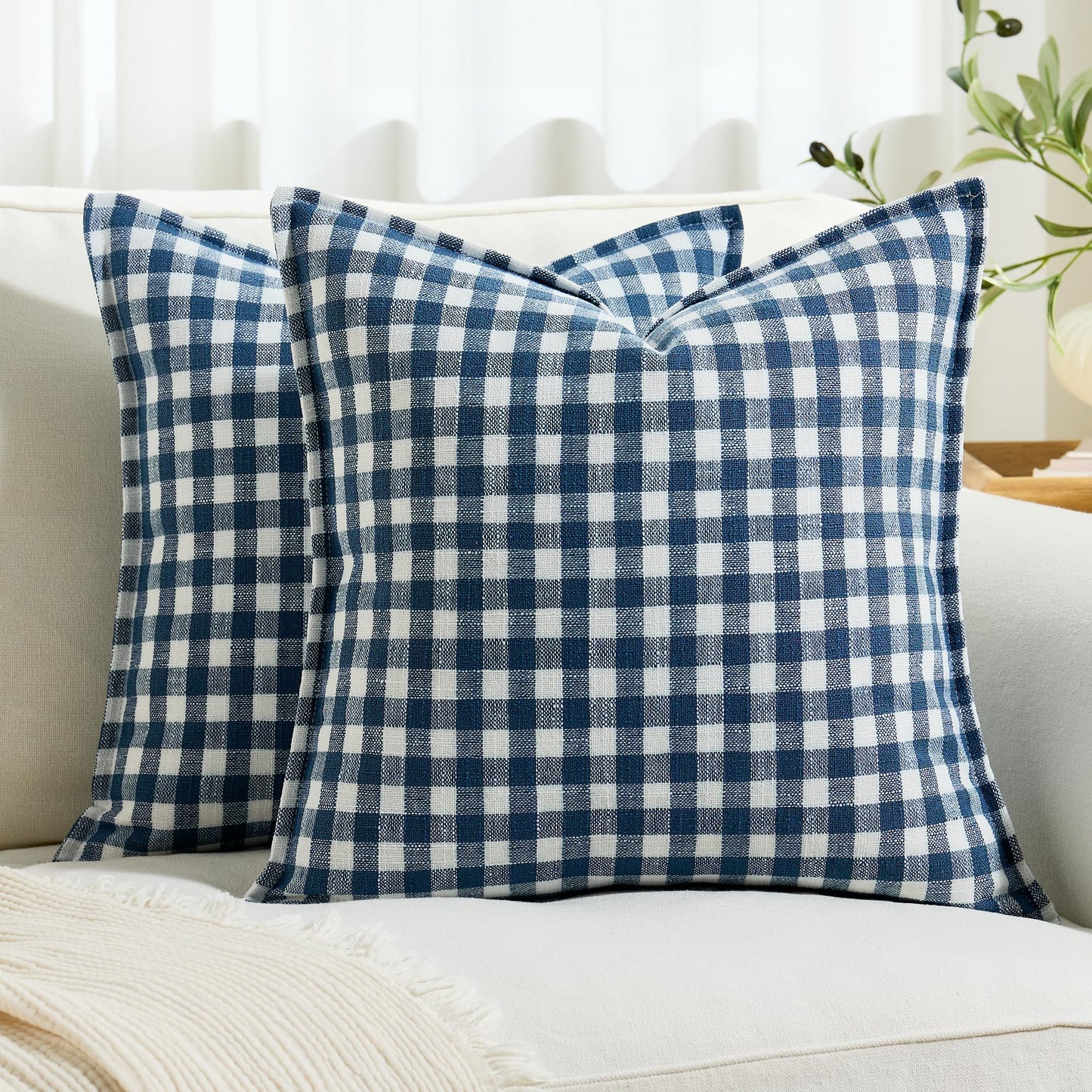 KINDREX Farmhouse Gingham Throw Pillow Covers 22x22 Set of 2, Small Checkered Linen-Textured Cushion Covers with Flanged Edges, Decorative Outdoor Pillowcases for Couch Sofa Living Room,Dusty Blue