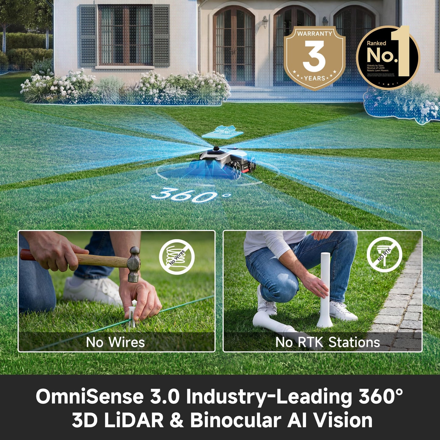 (Latest Upgrade) DREAME A3 AWD 1000 Robot Lawn Mower, 360° 3D LiDAR & AI Dual Vision Smart Robotic Mower for 0.25 Acre, 80% Slopes & 45min Fast Charge for Homeowners with Large/Steep Lawns