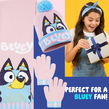 Bluey Girls Winter Accessories Set Cosy Warm Knit Hat Scarf & Kids Gloves or Beanie & Gloves School Travel, Kids Gifts (Pink Bluey 3 Pcs, 3-9 Years)