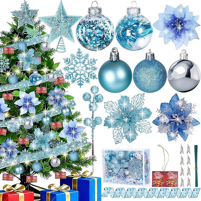 76Pcs Christmas Tree Decorations Set, Blue Assorted Ornaments with Large Shatterproof Plastic Balls, Star Tree Topper, Glitter Berries Stems, Ribbon for Indoor Garland Home Holiday Wedding Decor