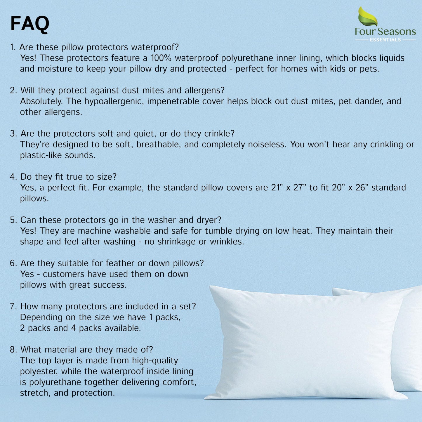 Four Seasons Essentials Waterproof King Pillow Protectors (Set of 2) – Zippered Pillow Cover Hypoallergenic Dust Allergy Proof Encasement