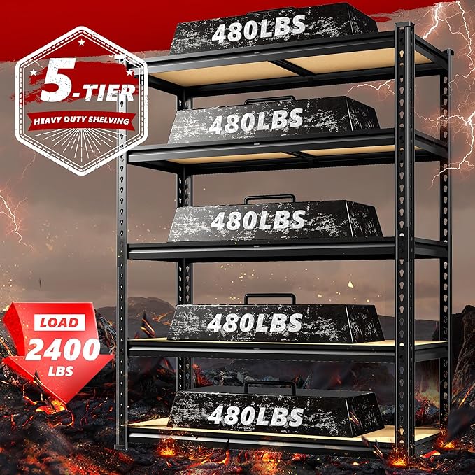 REIBII 2400LBS Storage Shelves 5 Tier Garage Shelving Heavy Duty Adjustable Garage Shelves, Utility Rack Shelf, Shelving Units for Storage Warehouse Pantry Closet, 35.5" W x 11.9" D x 72" H, Black