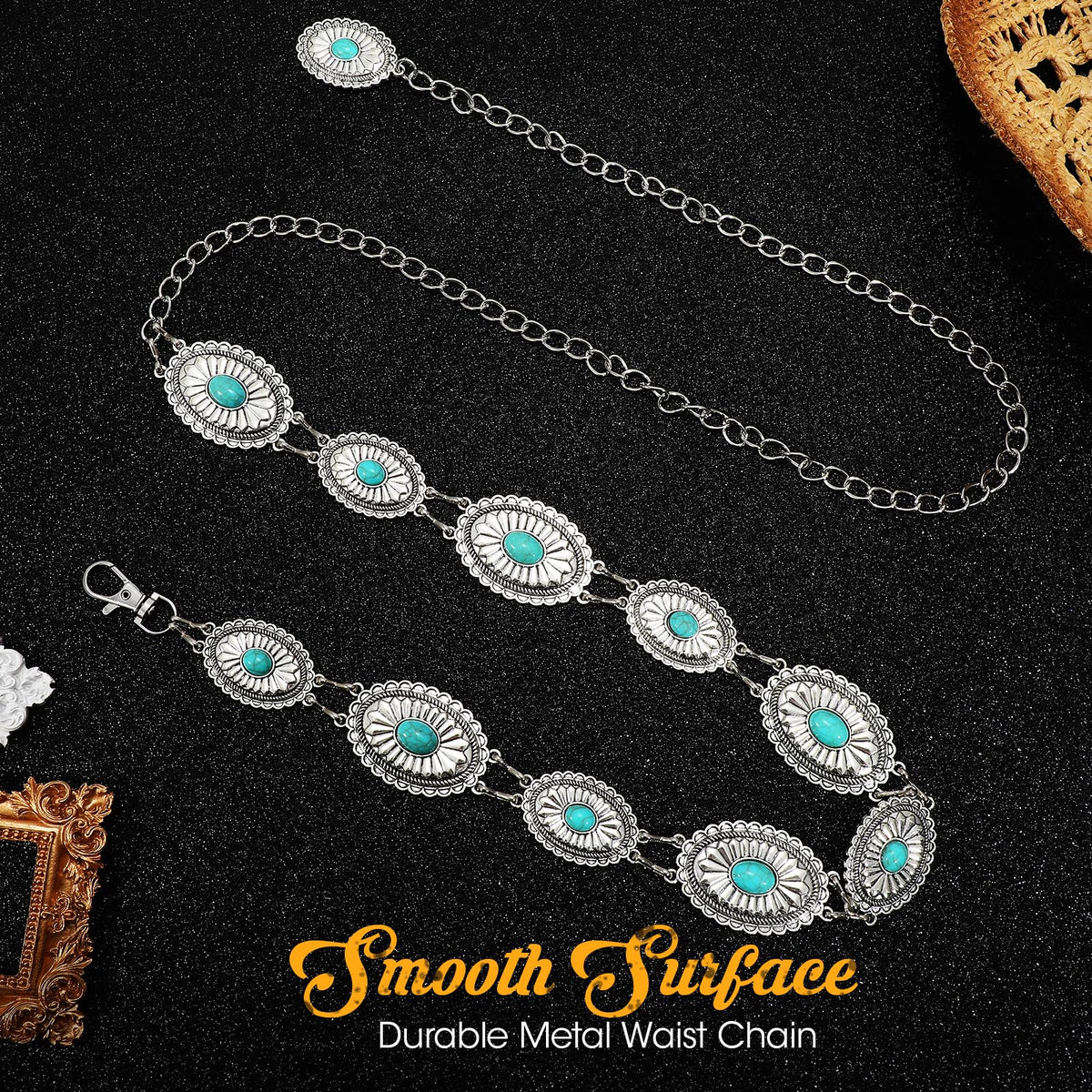 SANSTHS Western Metal Concho Belt for Women, Waist Chain Cowgirl Belt for Dresses Pants Jeans with Silver Chain, green gem S