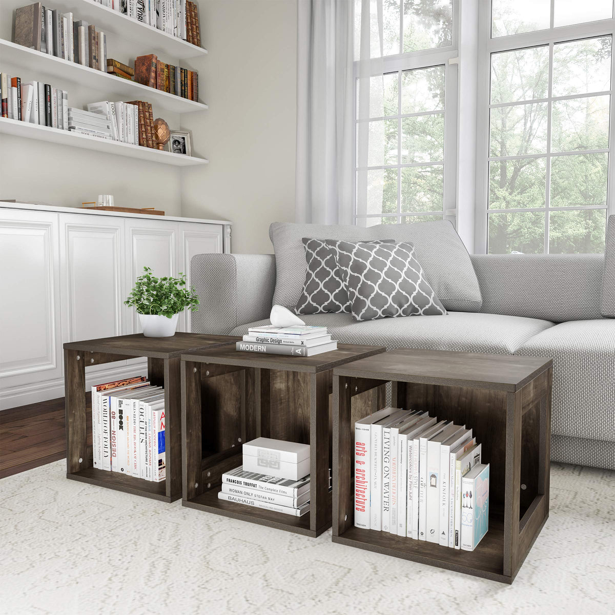 Lavish Home Modern Small Bookcase with Storage – Minimalist Open-Side Modular Shelving Unit, Stackable Accent Bookcase for Bedroom, Living Room, or Home Office (Gray Woodgrain)