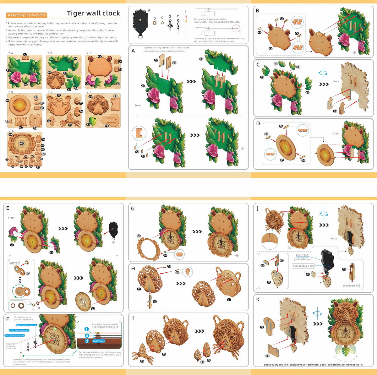 3D Wooden Puzzles Tiger Wall Clock Mechanical DIY Wall Clock Kit Model Building Kit Creative Craft Gift Home Decor for DIY Lovers Enthusiasts Brain Teaser Building Set Birthday Gifts