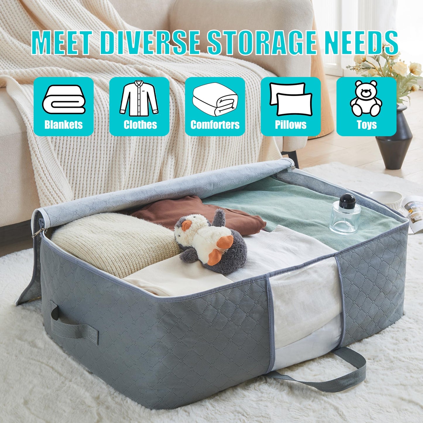105L Extra Large Storage Bags for Blankets, King Comforters, Bedding, Clothes, Pillows, Sheets - Closet Organizers and Storage with 4 Handles & Clear Window, Foldable & Breathable (Grey, 2pack)