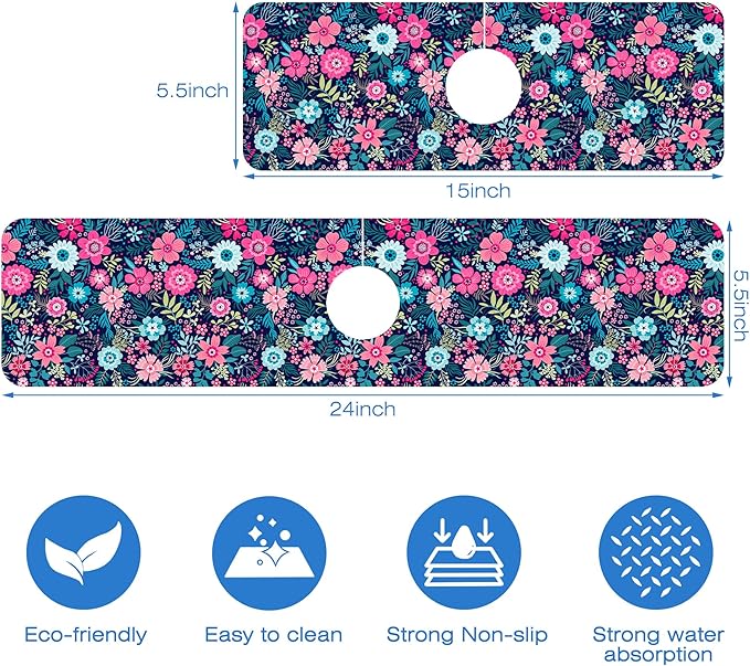Modern Blue and Pink Floral Sink Faucet Absorbing Mat Sink Splash Guard Faucet