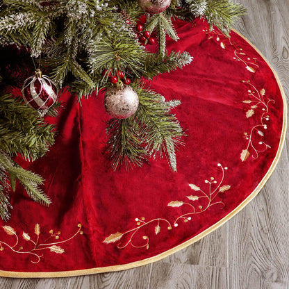 Bunny Chorus Christmas Tree Skirt, 48 inches Red Luxury Velvet Plush Fur Skirts with Gold Embroidered Holly Leaf for Rustic Xmas Tree Holiday Decorations