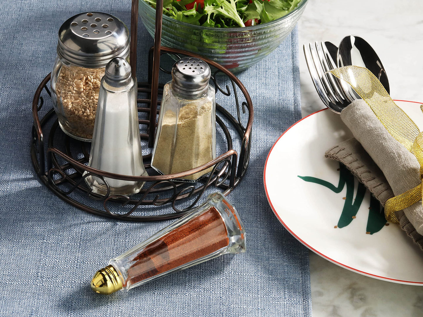 New Star Foodservice Glass Tower Salt and Pepper Shakers, 1 oz Set of 12, Clear Glass Shakers with Gold Plated Tops for Restaurants and Tabletop Use