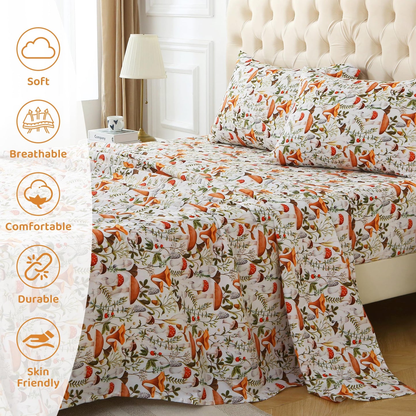 Mooreeke Cozy Vintage Microfiber Printed Full Sheet Set - Soft & Breathable Percale Mushroom Forest Bed Sheets with Extra Deep Pocket - Non-Slip Fitted Design - Jungle Mushroom Leaves Pattern - Full