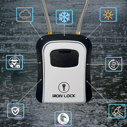 Iron Lock® Key Lock Box Portable with Cable Shackle & Wall Mount – Waterproof Metal Lock Box for Keys with 4-Digit Combination & Resettable Code – Indoor/Outdoor Key Safe (Grey, Medium)