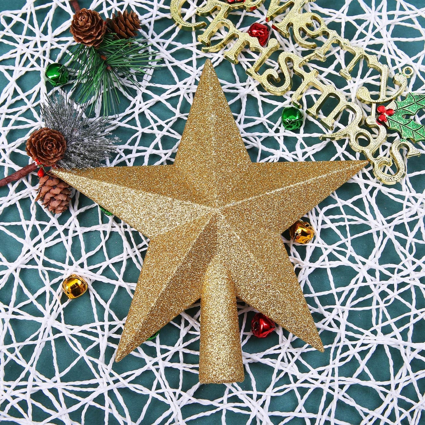 Aneco Gold Glitter Mini Christmas Tree Topper Shatter-Proof 6 Inch Christmas Tree Decoration Treetop for Holiday Ornament or Home Decor