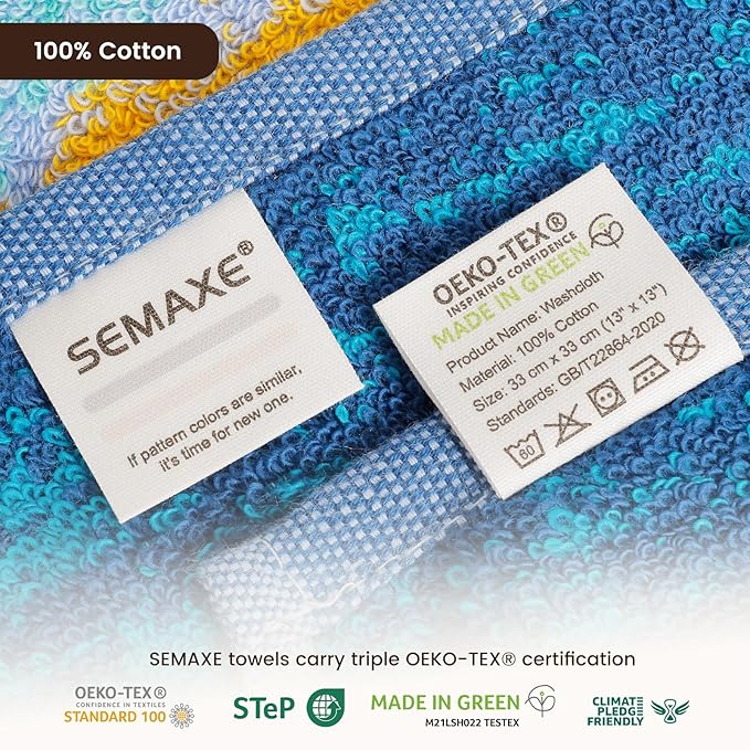 SEMAXE 100% Cotton Washcloths 12-Pack, 13 × 13 Inch Soft Luxury Face Towels –