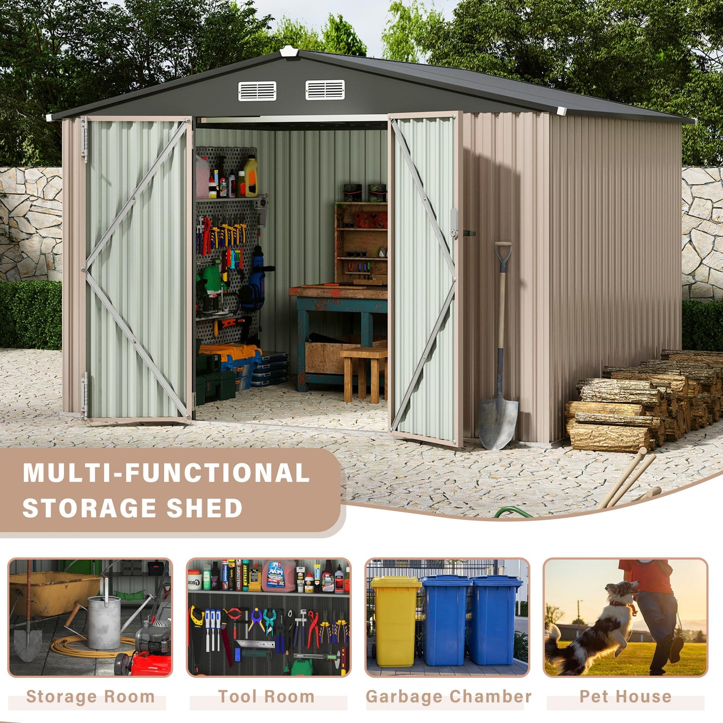 8X10 ft Outdoor Storage Shed, Galvanized Steel Metal Tool Shed with Secure Lockable Door & Air Ventilation System, Rust-Resistant Utility Shed for Garden, Backyard, Easy Assembly & All-Season Use