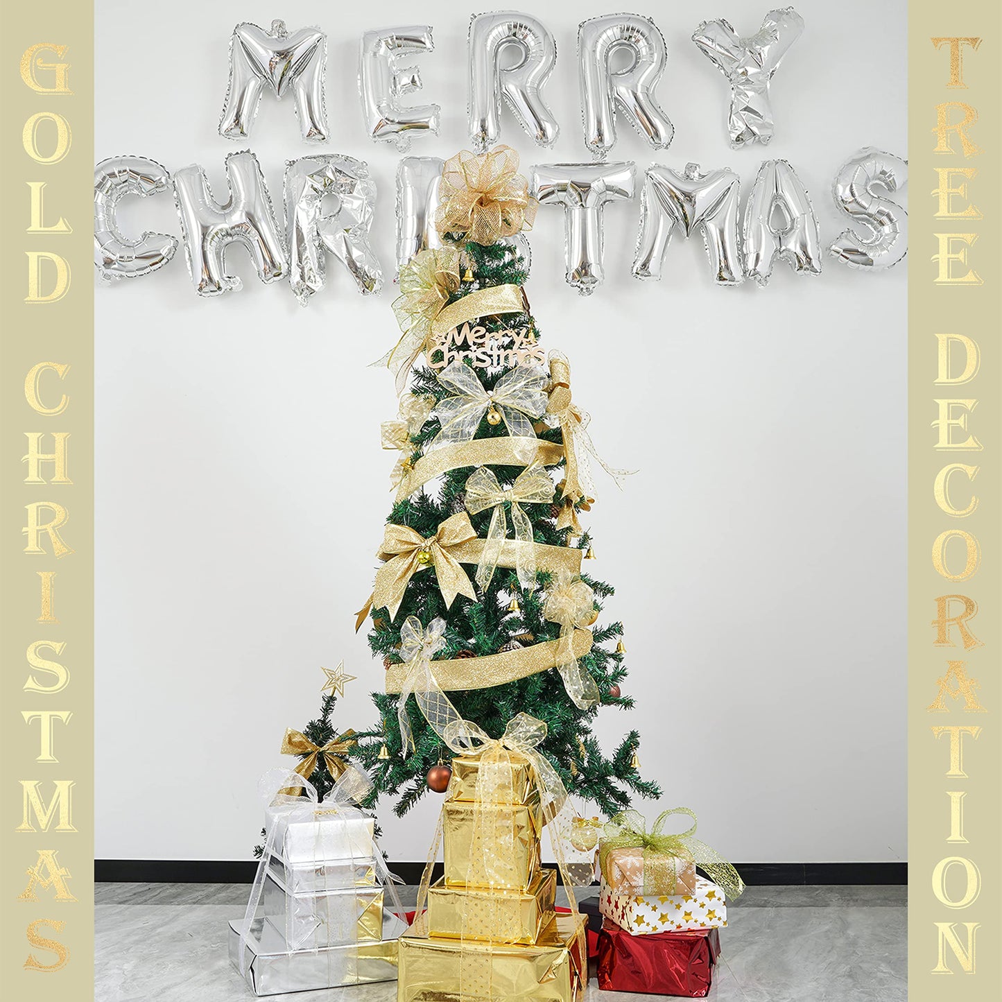 MEEDEE Gold and White Ribbon for Christmas Trees - 2.5 Inch, 6 Rolls, 36 Yards - Gold Wire Mesh Ribbon for Wreaths and Tree Decoration