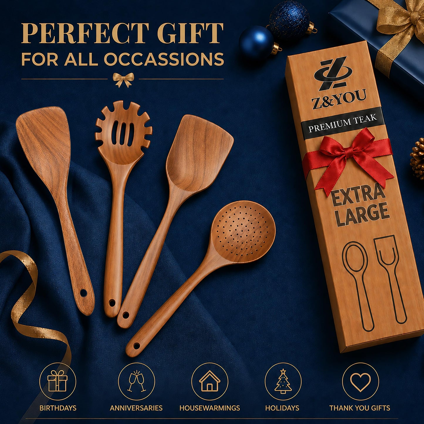 Extra-Large 4-Piece Teak Wooden Utensil Set – Non-Stick Wooden Spatula for Cooking, Skimmer Spoon & Spaghetti Spoon – Non Toxic Cooking Utensils