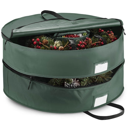 ZOBER Christmas Wreath Storage Container 24 Inch - Wreath Bag Fits 2 Wreaths Box - 600D Oxford Fabric - Interior Compartment for Storing Garlands, Wreaths Storage Bag W Strong Durable Handles - Green