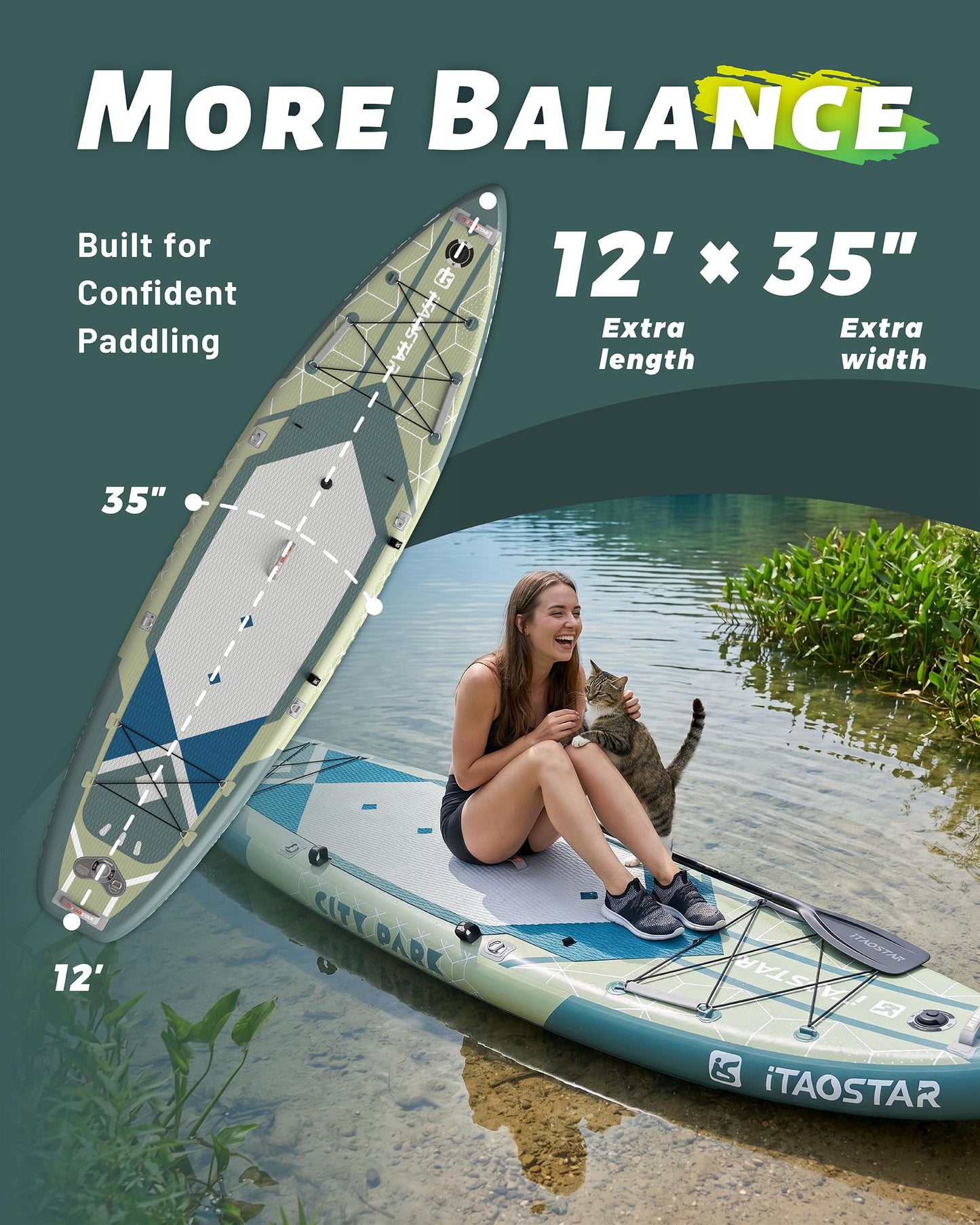 iTAOSTAR C03EP 35" Wide Paddle Board, More Fun Inflatable Paddle Board with 5 Fins，12 Foot Stand Up Paddle Board with Premium SUP Accessories for Familly of All Skill Levels