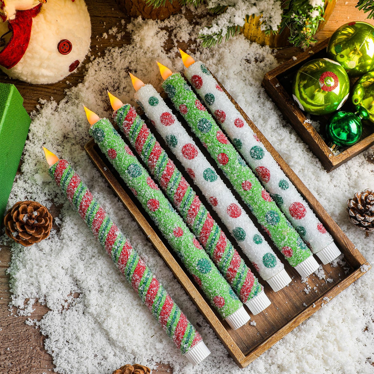 Christmas Elf Flameless Taper Candles - 6PCS Glitter Christmas Green Elf Theme Flickering LED Battery Operated Sea Salt Candles with Remote, Real Wax Party Decoration Candlesticks, Xmas Table Decor