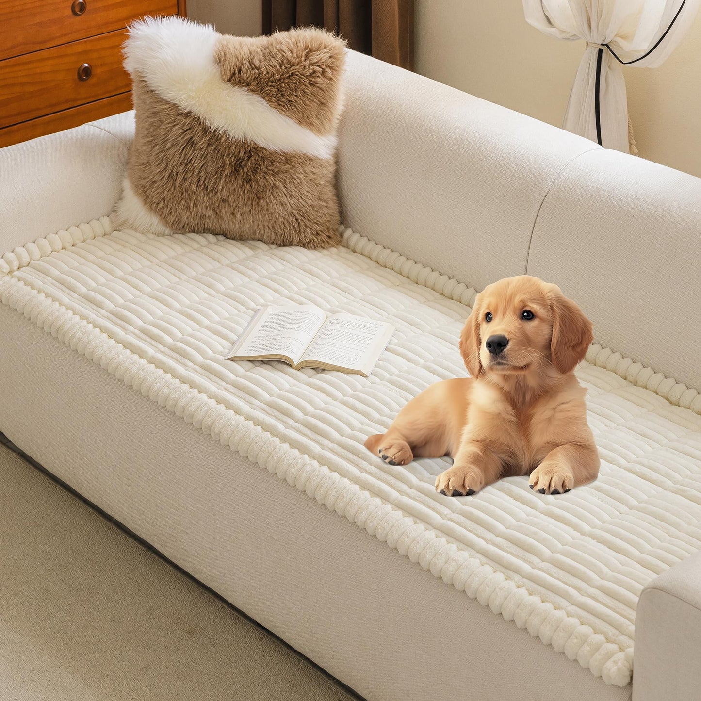 MYSKY HOME Couch Covers for Sofa, L Shaped Couch Cover, Couch Cover for Dogs, Sofa Covers for Pets Washable, Non Slip Sofa Slipcovers, Leather Sofa Cover Sectional Couch Covers, Cream, 27.6" x 70.9"