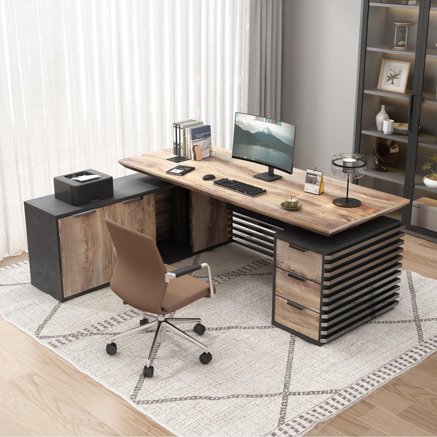 SAINTCY 70.87In L Shaped Executive Standing Desk with Drawers, Large Modern Adjustable Heigh Home Office Desk w/File Cabinet, AC/USB, Business Workstation, Black and Warm Oak