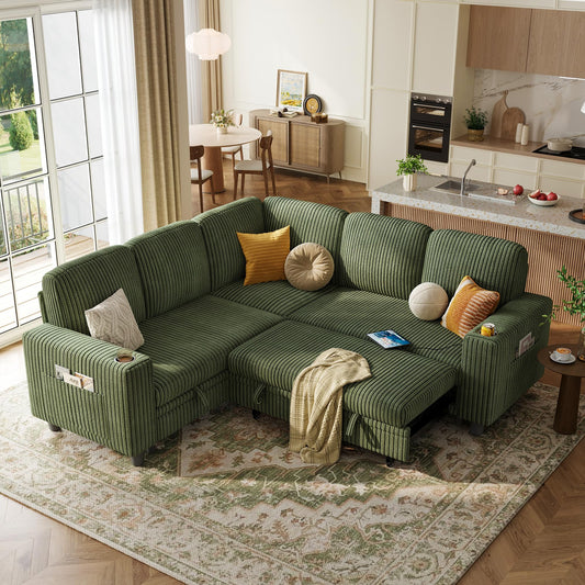 LINSY HOME Sectional Sleeper Sofa with Storage Chaise & USB Charging, Convertible Pull Out Couch Bed Plush Corduroy Modular Sectional Couches for Living Room Apartment (Green)