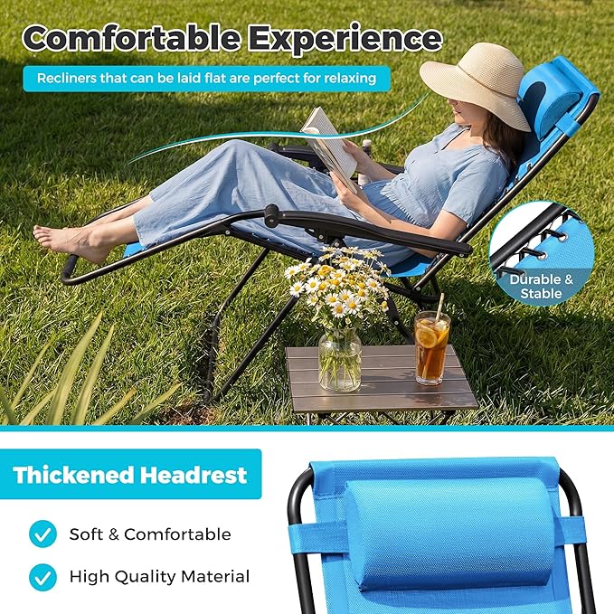 Homall Zero Gravity Chair Patio Folding Lawn Outdoor Lounge Gravity Camp Reclining Lounge Chair with Cup Holder Pillows for Poolside Backyard and Beach Set of 4 (Sky Blue)