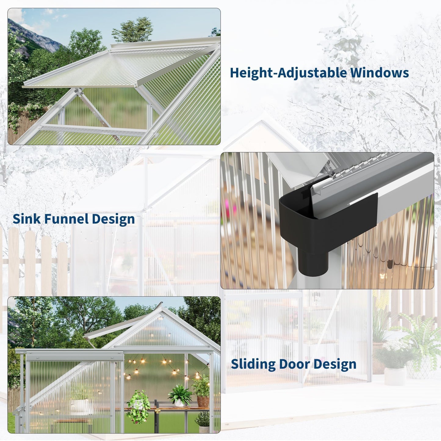 COZONY Heavy Duty Aluminum Frame Walk-in Greenhouse, 6x4 FT Polycarbonate Panels - Sliding Door, Adjustable Roof Vent, Rain Gutter - Weather Resistant Outdoor Garden Structure for Backyard, Patio,
