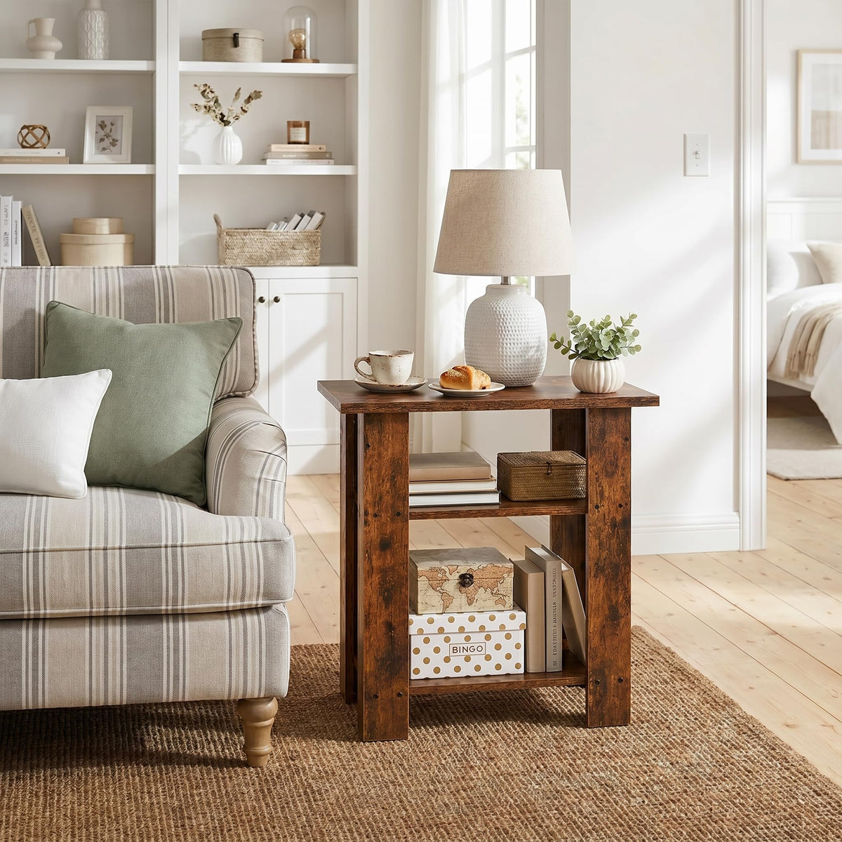 ZEXVIDA Narrow Side Table, 3 Tier Rustic End Table for Living Room, Small Wood Nightstand with Storage Shelves, Slim Bedside Table for Bedroom, Couch, Small Spaces, 22.8" High,Farmhouse Style
