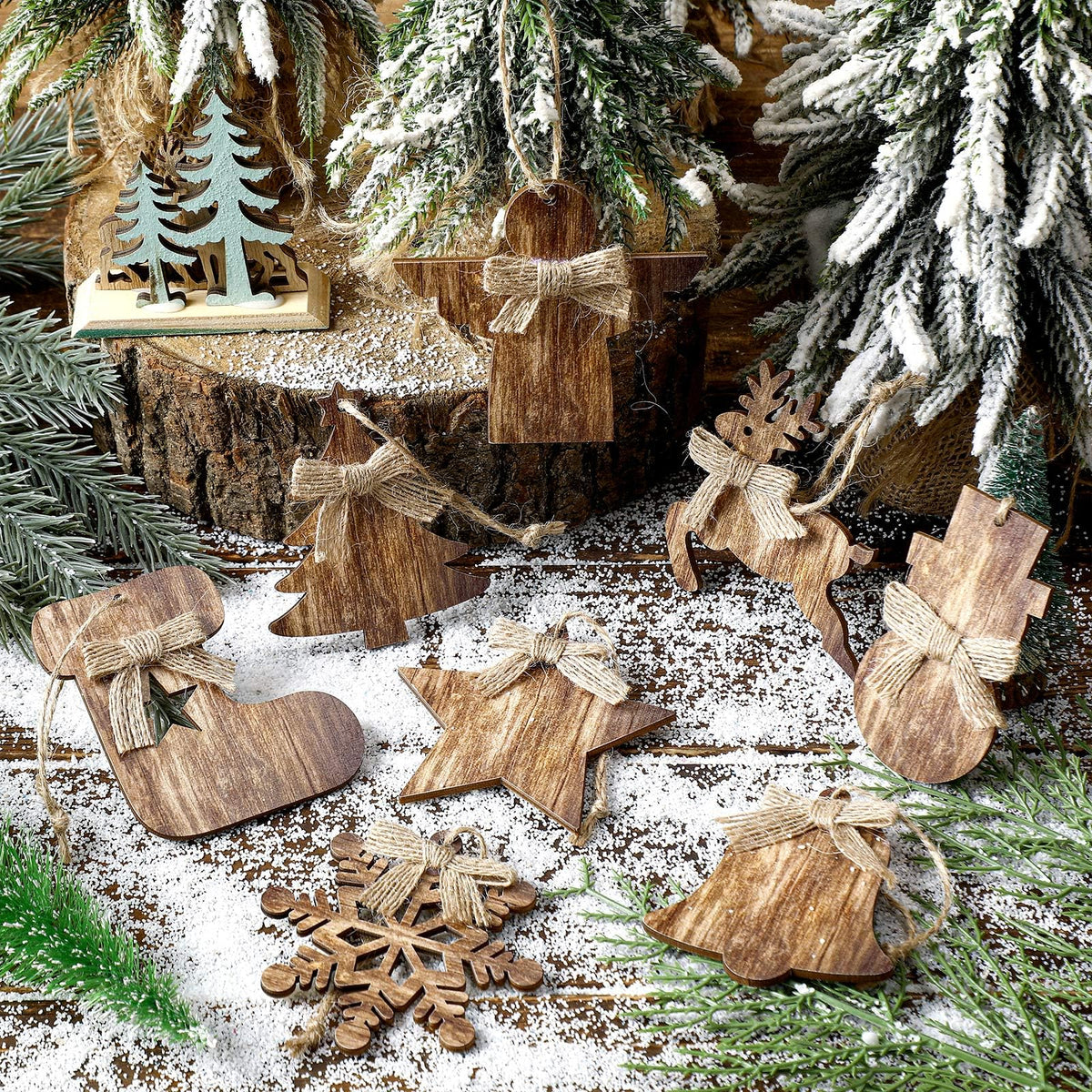 Lineshading 8 Pcs Rustic Christmas Tree Ornaments Wooden Farmhouse Ornaments Angle Snowflake Reindeer Tree Hanging Decor for Fireplace Xmas Home Office (Cute Style)