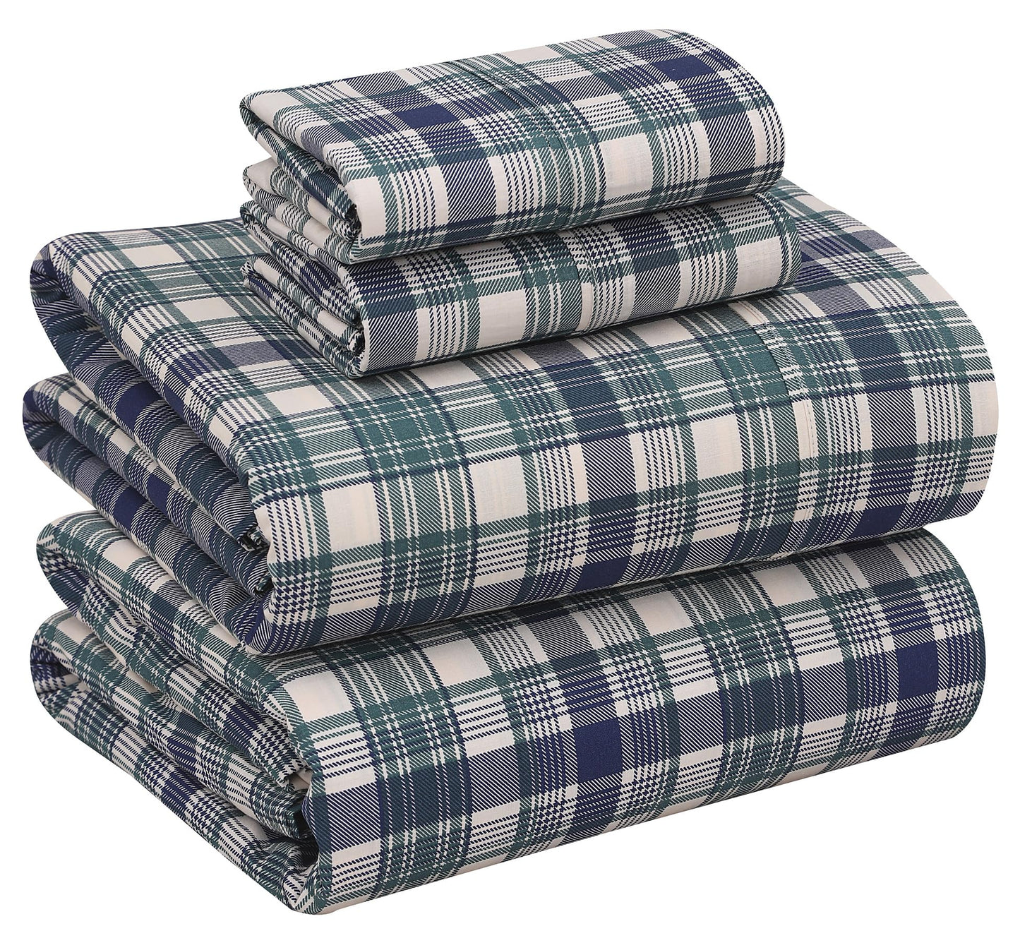 RUVANTI 100% Cotton Percale Sheets Queen Size, Greenish Blue Plaid