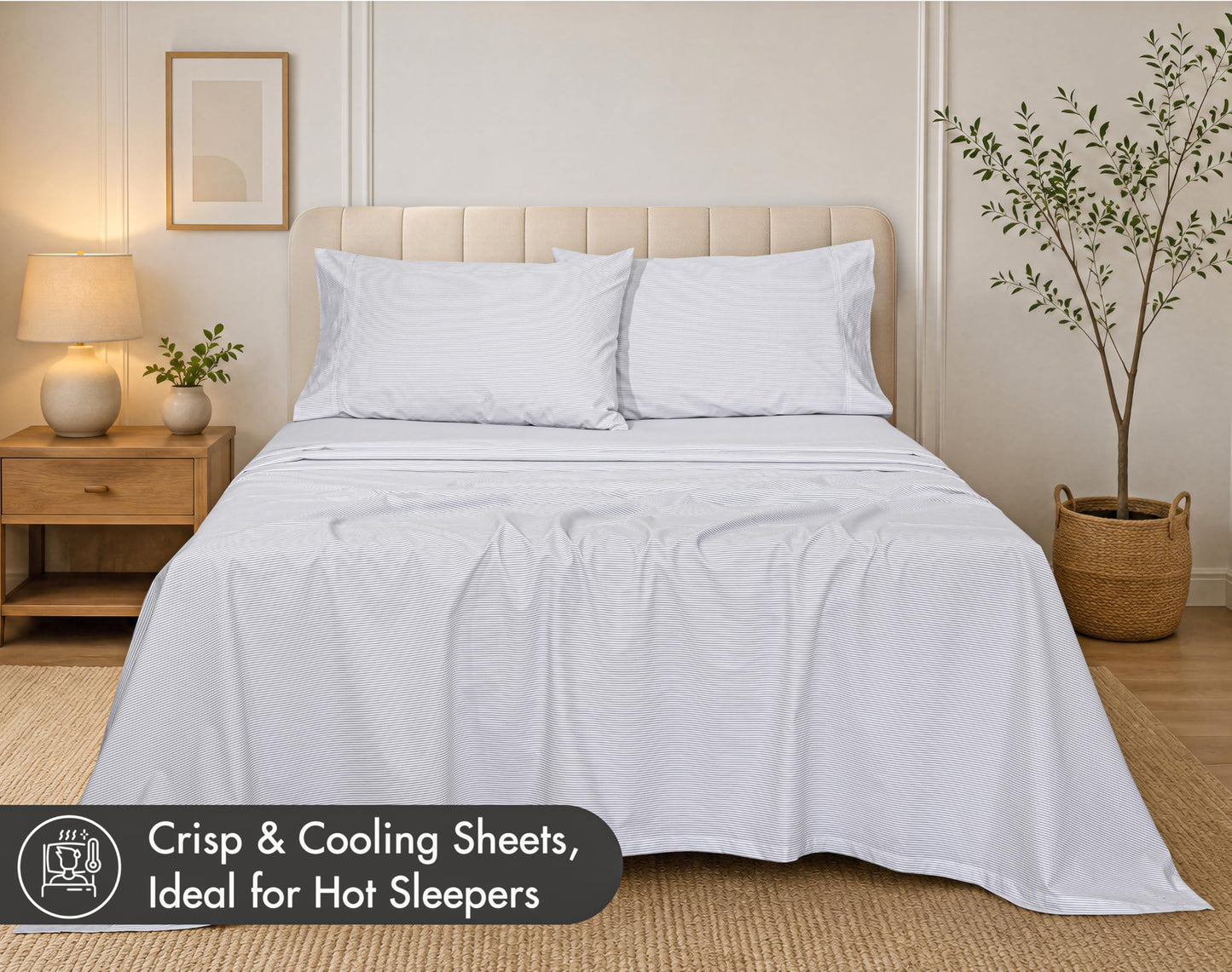 RUVANTI 100% Cotton Percale Sheets Full Size – Crisp Cooling Bed Sheets for Hot Sleepers, Deep Pocket 16”, Soft Breathable & Durable Hotel-Style 4 Piece Set, Grey Pinn Stripe