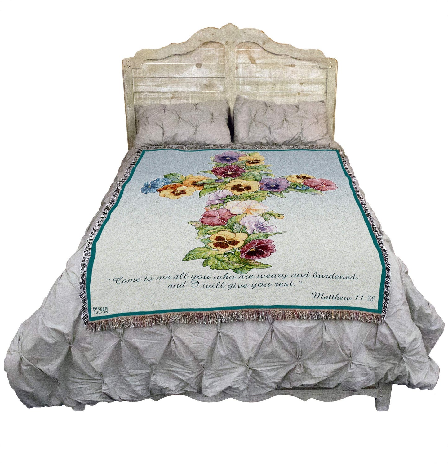 Pansy Cross Blanket by Parker Fulton - Come To Me All You Who Are Weary - Scriptures Matthew 11:28 - Sympathy Bereavement Gift Tapestry Throw Woven from Cotton - Made in the USA (72x54)