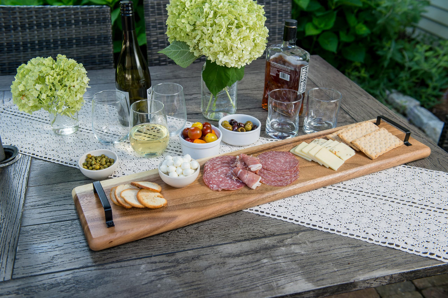 Lipper International 2031 Acacia Wood Serve Board with Black Handles for Cheese, Crackers, and Charcuterie, Rectangular 30" x 7" x 1"