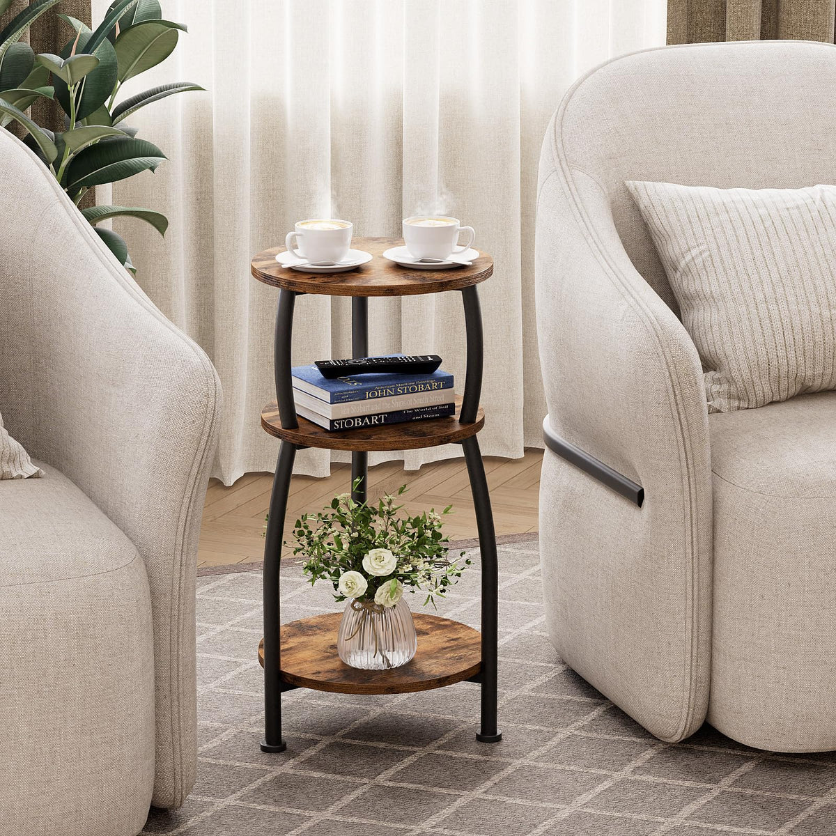 Yuede Small Round Side Table for Small Spaces, 3-Tier End Table with Storage Shelf, Slim Night Stand Sofa Corner Table for Living Room Bedroom, Patio and Corner, Rustic Brown
