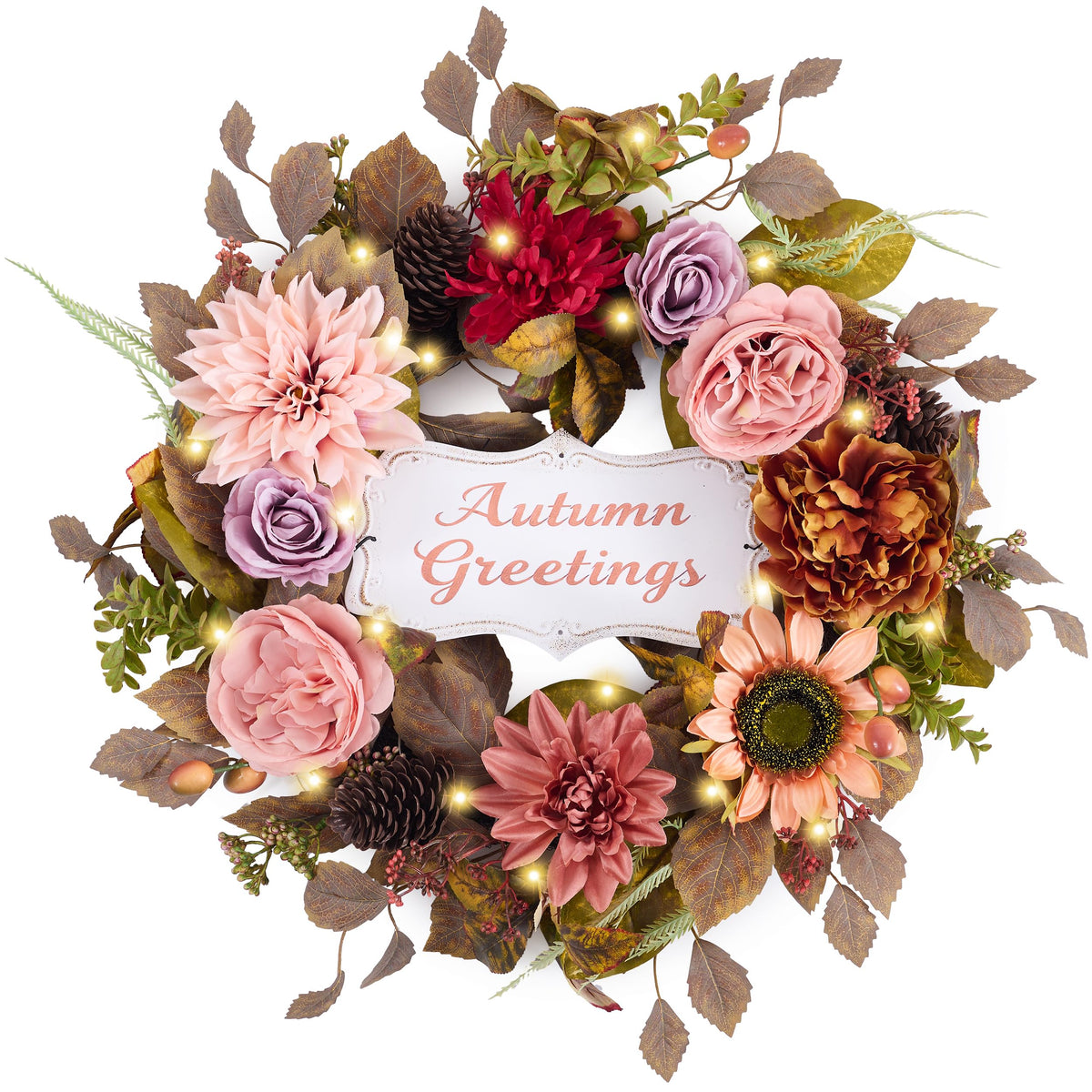 Valery Madelyn 24'' Collapsible Pre-Lit Flowers Fall Wreath for Front Door