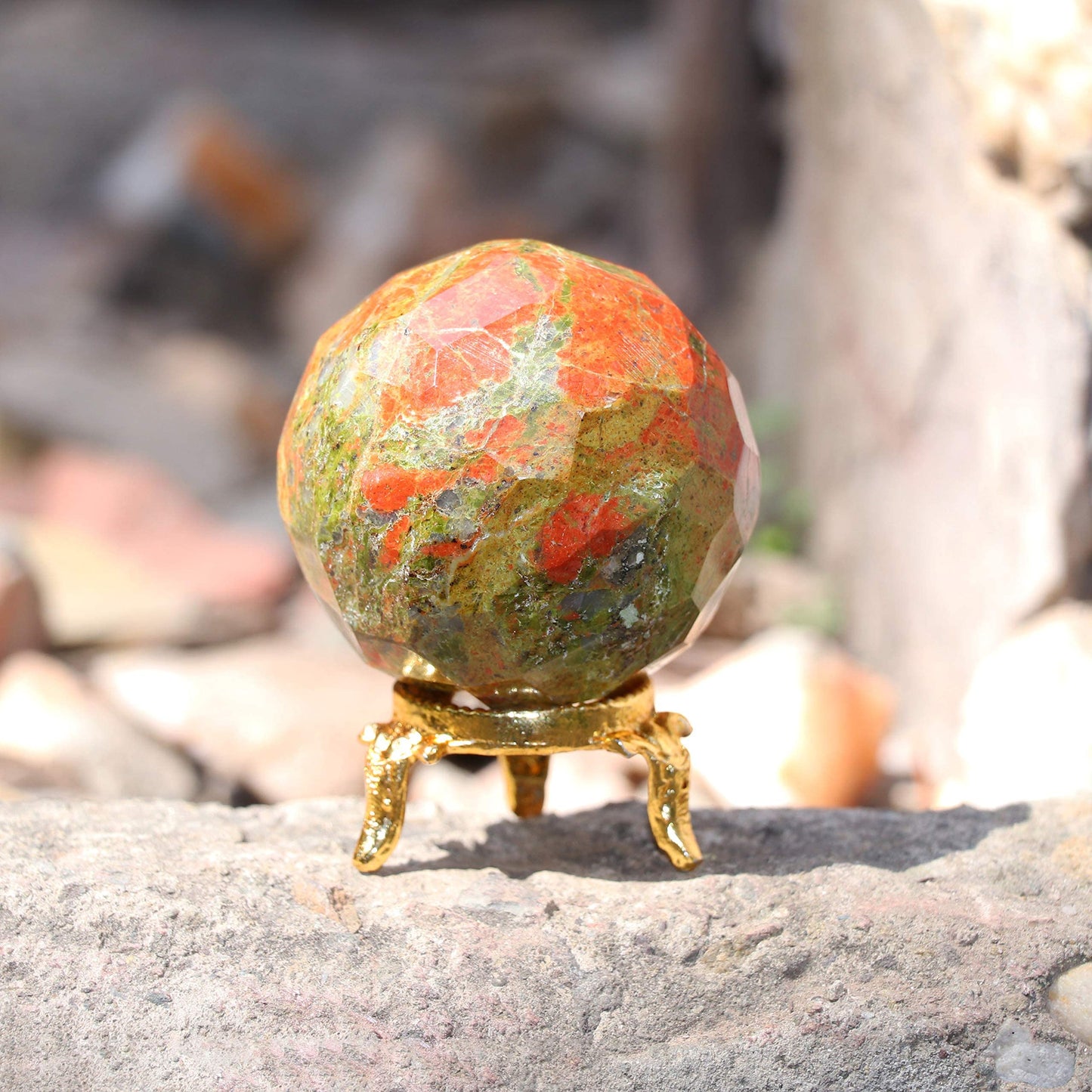 Crocon 45mm Unakite Diamond Cut Stone Sphere Ball with Metal Stand 1400+ Carats Gemstone Ball Healing Ornament Rock Sphere Sculpture Figurine for Fengshui Divination Crystal Home Decor Photography