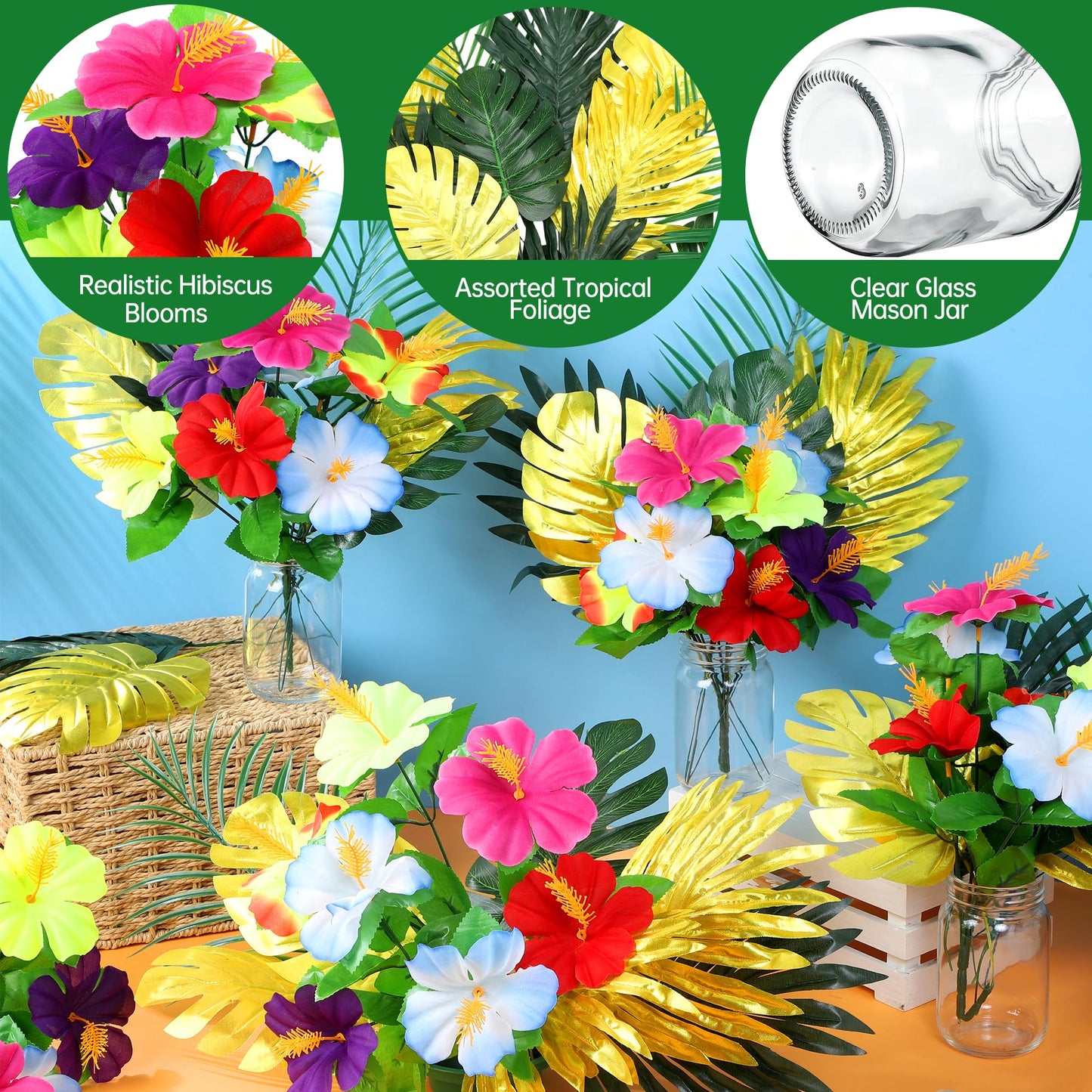 Fovths 6 Pack Hawaiian Flower Centerpieces with Mason Jars Artificial Hibiscus Bouquet Monstera Palm Leaves Tropical Mason Jars Centerpieces for Table, Luau, Jungle, Beach Party Decorations