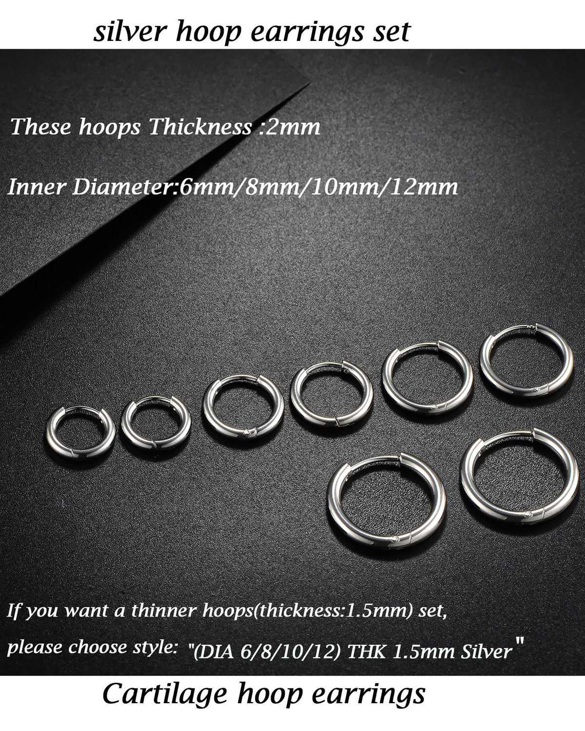 Gabry&jwl 316L Surgical Stainless Steel Hoop Earrings - 6mm, 8mm, 10mm, 12mm Silver Huggie Earrings - Hypoallergenic Cartilage Hoops for Helix, Lobes