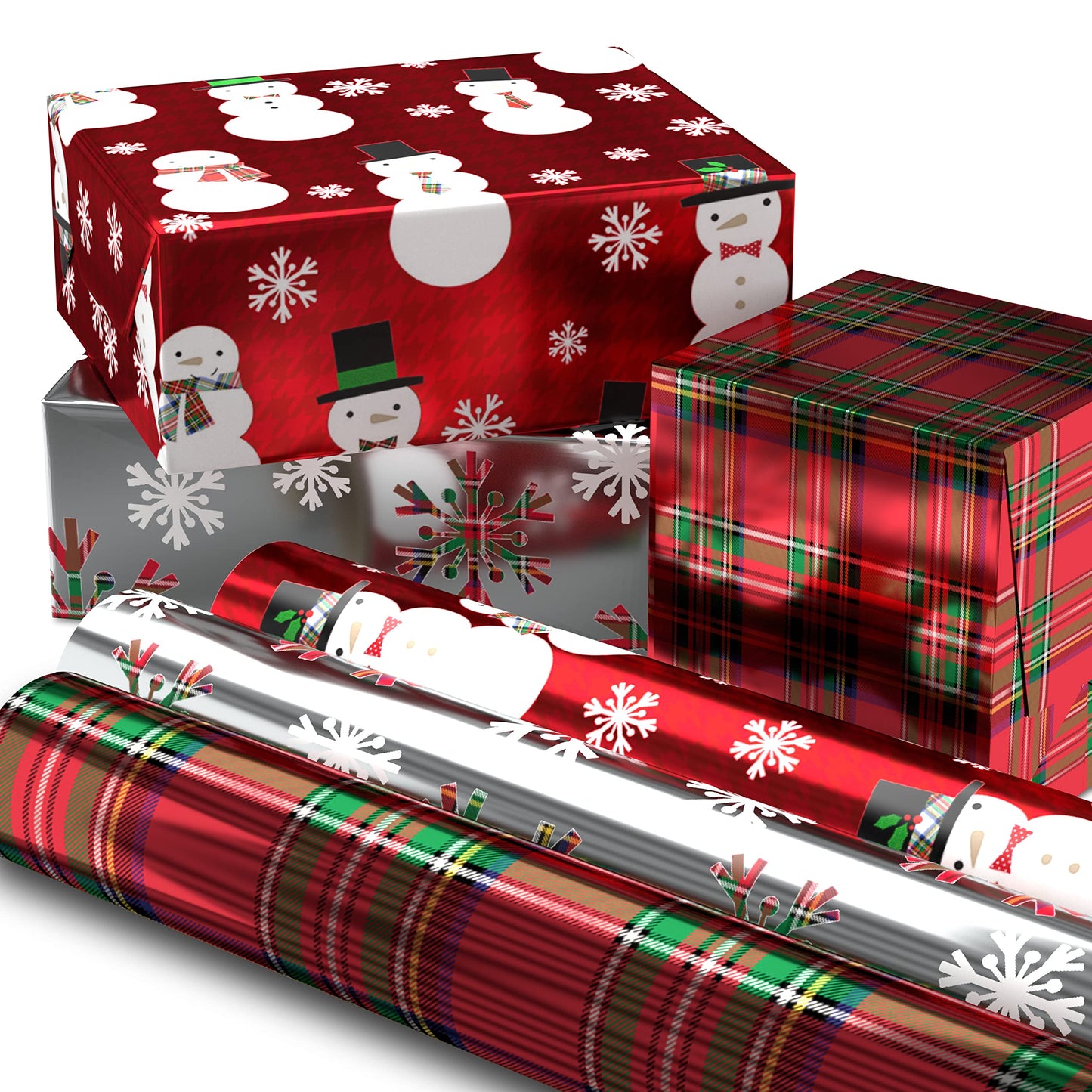 Hallmark Foil Christmas Wrapping Paper with Cut Lines on Reverse (3 Rolls: 60 sq. ft. ttl) Plaid Snowflakes, Snowmen, Red, Green and Blue Plaid