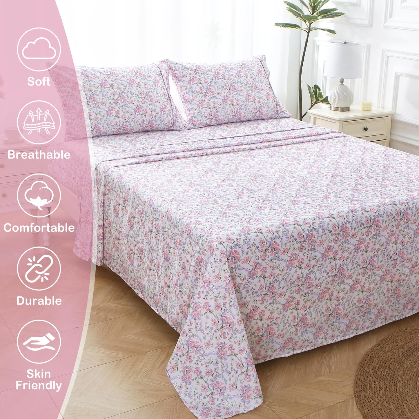 Mooreeke Cozy Vintage Microfiber Printed King Sheet Set - Soft Breathable Percale Cotton Floral Bed Sheets with Deep Pocket - Non-Slip Fitted Design - Pink Purple Flowers Pattern