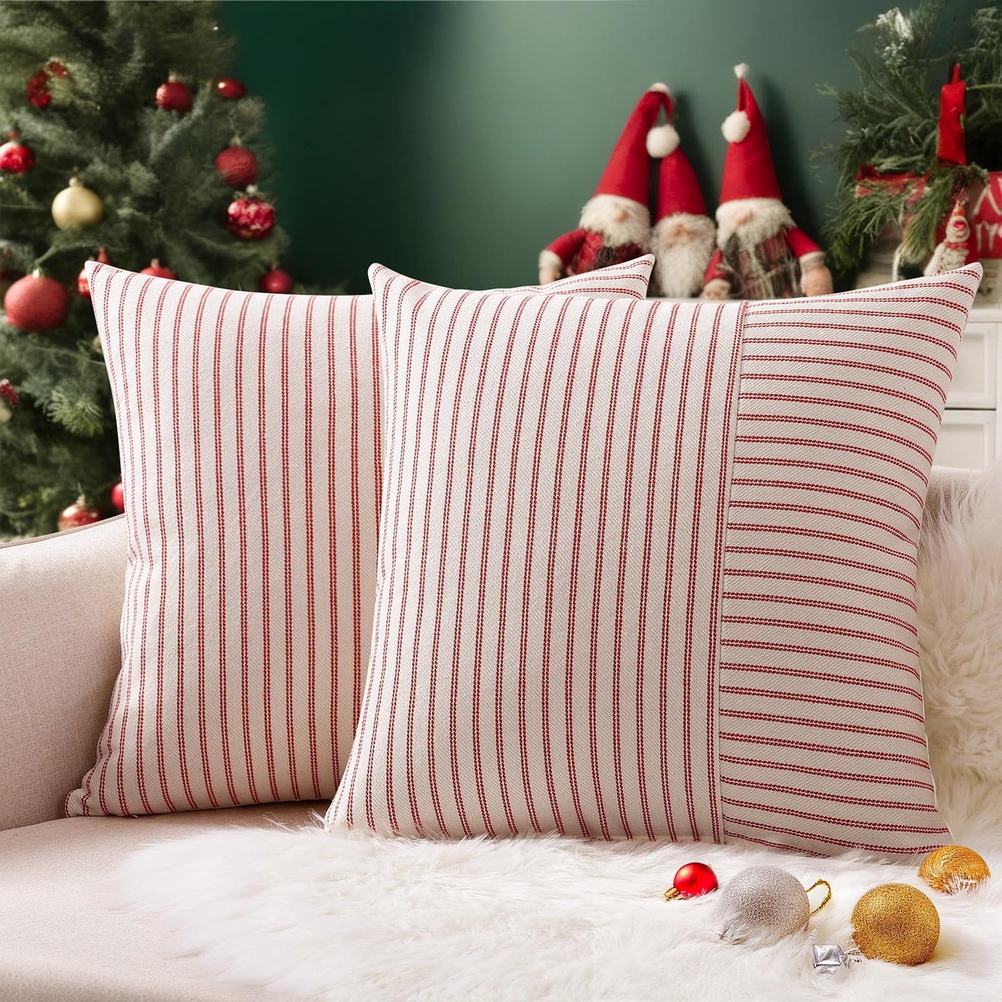 YCOLL Christmas Pillow Covers 18x18, Boho Throw Pillow Covers Set of 2, Red and Cream Striped Linen Decorative Pillows Cushion Covers for Couch Bedroom Christmas Decorations
